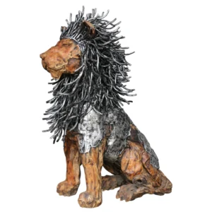 Wooden Sitting Lion with Aluminum Wood Hair