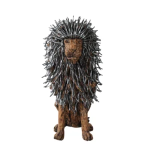 Wooden Sitting Lion with Aluminum Wood Hair